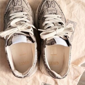 Gucci Beige and White Monogram Sneakers